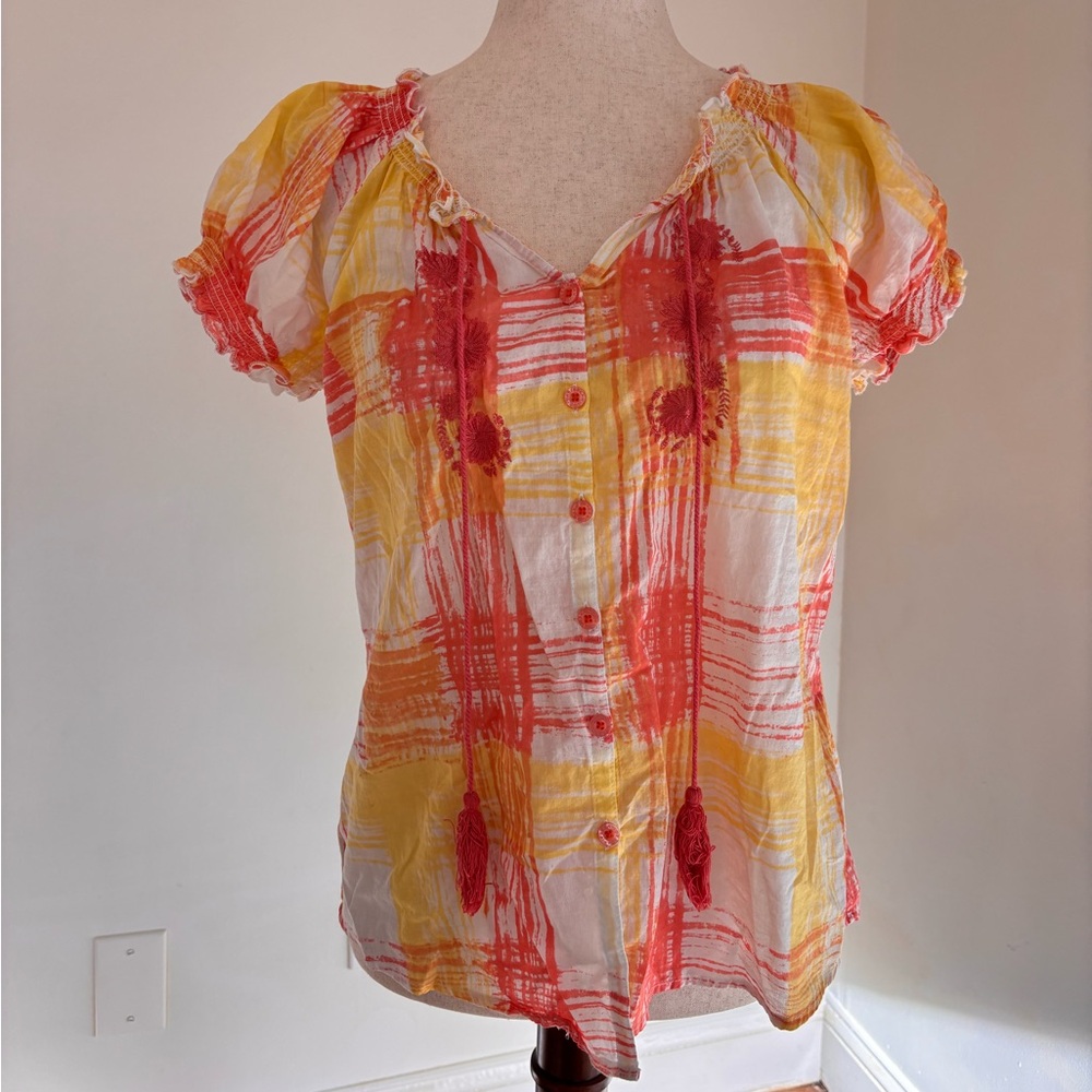 Caribbean Joe Medium Pink and Yellow Embroidered Top